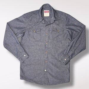 Wrangler Chambray Button Up Shirt Blue Western Style Long Sleeve Small